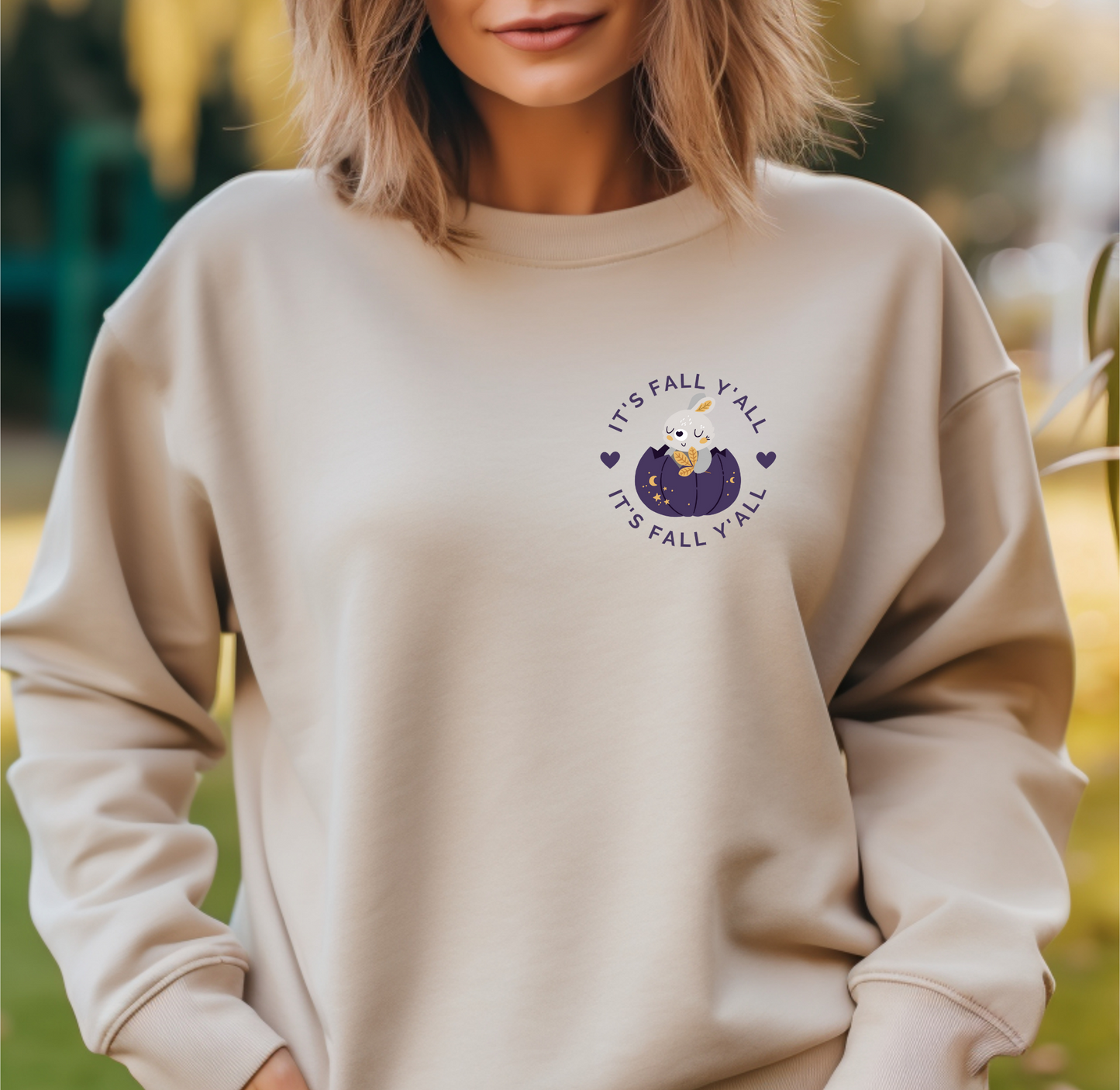 It's Fall Y'all Crewneck | Bunny in Pumpkin | Moon + Stars Autumn Night