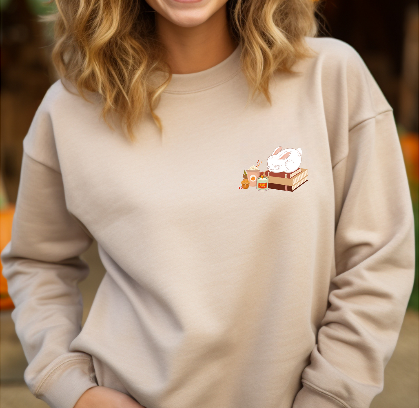 Cozy Bunny Fall Crewneck | Pumpkin Spiced Latte | Pumpkin Spiced Candle | Stack of Books