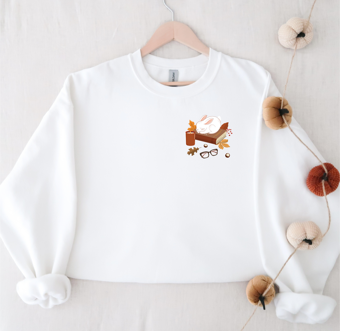 Cozy Bunny Fall Crewneck | Autumn Leaves | Pumpkin Spiced Candle | Glasses | Stack of Books