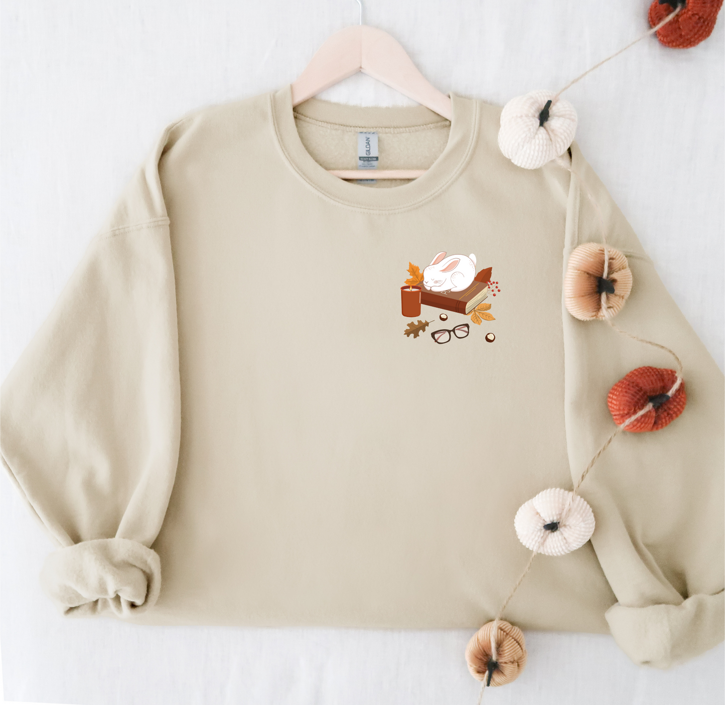 Cozy Bunny Fall Crewneck | Autumn Leaves | Pumpkin Spiced Candle | Glasses | Stack of Books