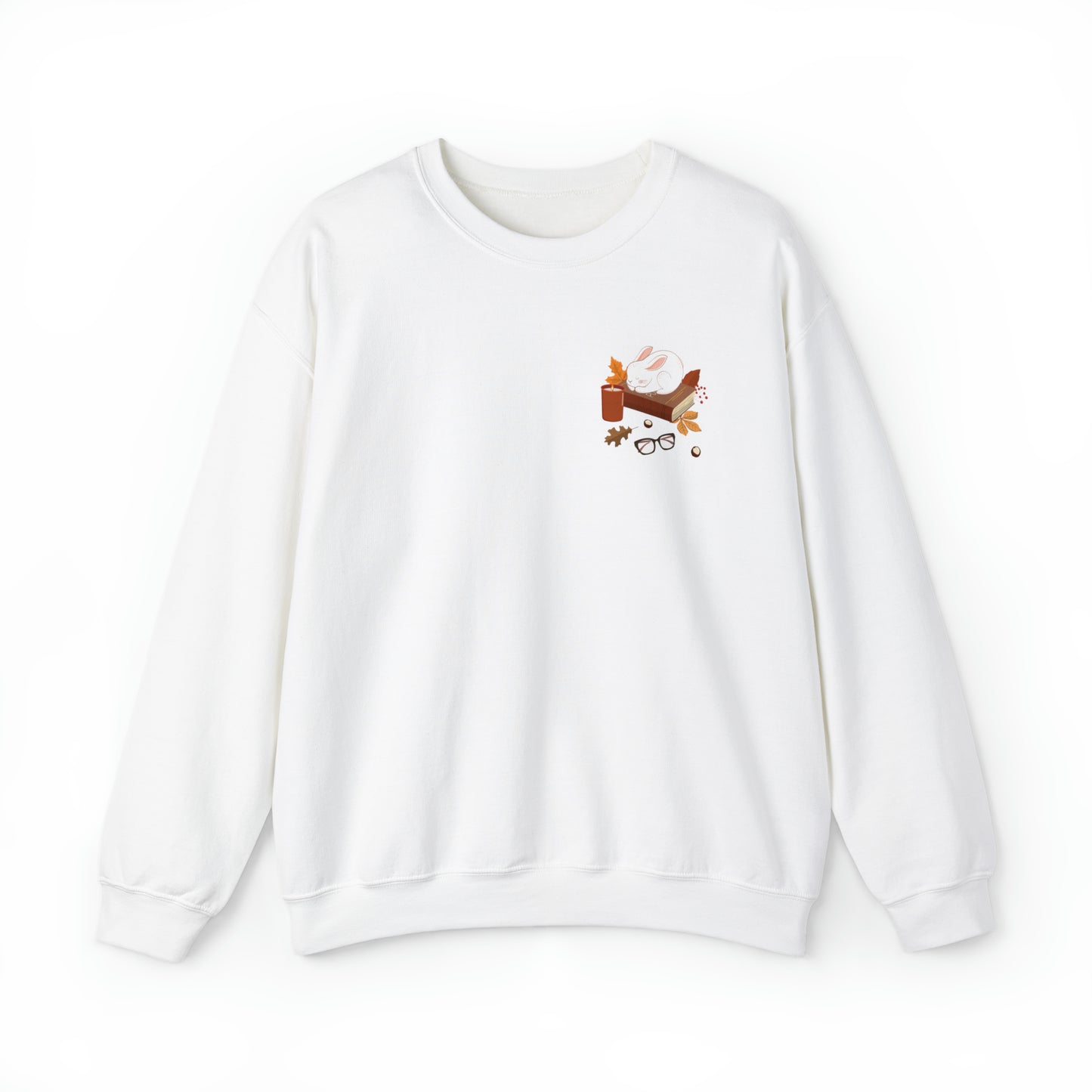 Cozy Bunny Fall Crewneck | Autumn Leaves | Pumpkin Spiced Candle | Glasses | Stack of Books