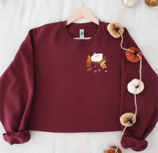 Cozy Bunny Fall Crewneck | Autumn Leaves | Pumpkin Spiced Candle | Glasses | Stack of Books